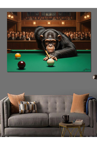 karizmart Bilardo Masasında Odaklanmış Maymun Oyuncu Dekoratif Kanvas - Mdf A...