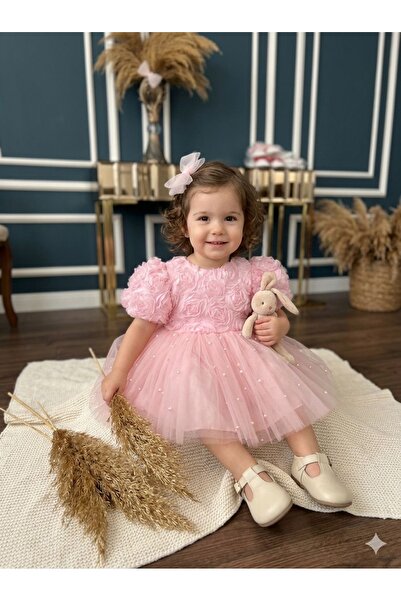 Dizaynbyasena فستان سهرة بتصميم مزين باللؤلؤ الوردي والورود للفتيات