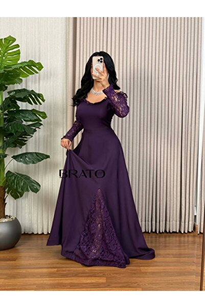 BRATO Purple off-shoulder dress with Lace sleeves