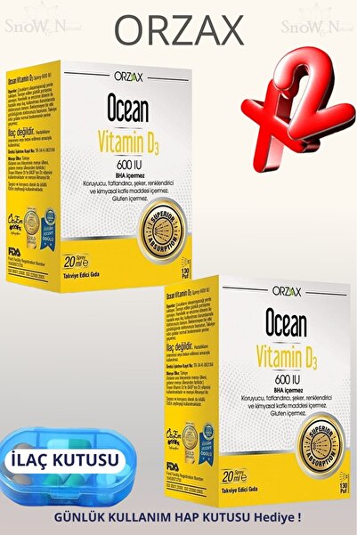 Ocean Vitamin D3 600 IU 20 ml Sprey / 130 doz 2 ADET + Hap Kutusu Hediye