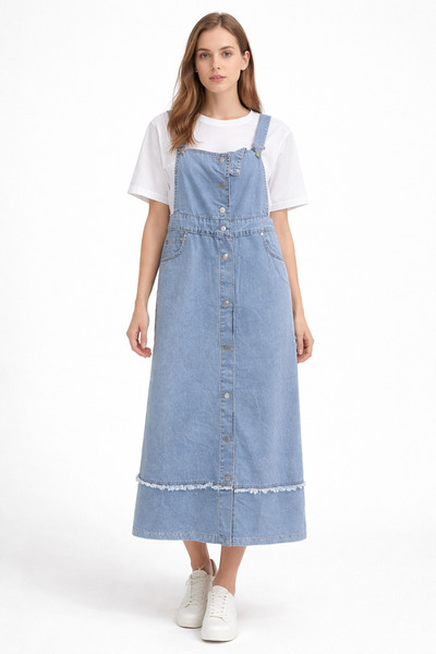 Lotus Uzun Boy Denim Salopet Elbise