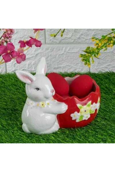 OEM Ceramic Support Rabbit Red Egg & Flowers for Easter