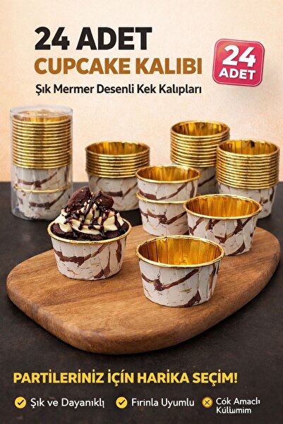 KEA 24’lü Lüks Gold İç Kaplama Muffin Kalıbı Beyaz Mermer Desenli Cupcake Kap...