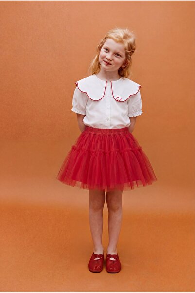 Magu Girl's Cotton Piece White Heart Embroidered Shirt and Red Tulle Skirt Set