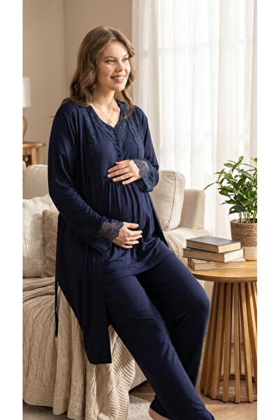Lohusa Homewear New Season Navy Blue Maternity Lace Detailed Buttoned 100% Co...