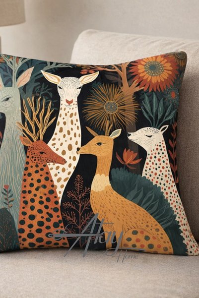 Atay Home Deer Patterned Decorative Throw Pillow Cover Double-Sided 43X43 cm – Bohemian Nature Themed Sofa Cushion Cover