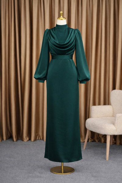 modasusev Elegant Draped Satin Long Hijab Evening Dress