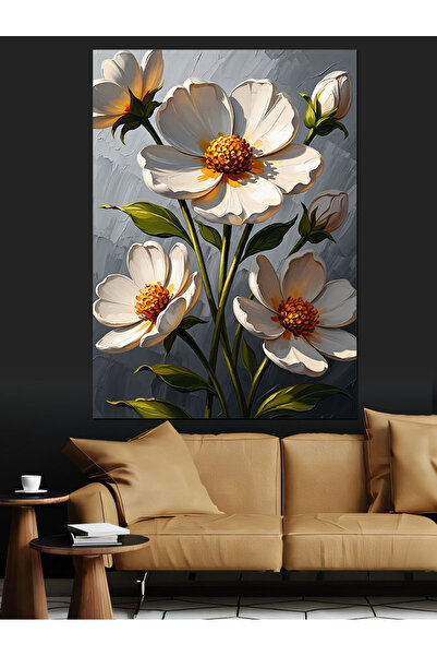 karizmart Beyaz Çiçekler Ve Yeşil Yapraklar Dekoratif Kanvas - Mdf Ahşap Tablo