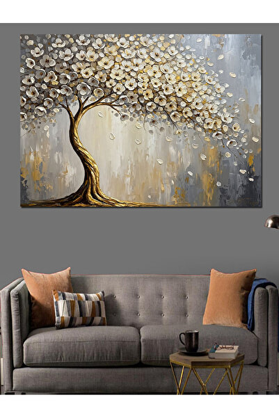 karizmart Işıltılı Altın Renkli Hayat Ağacı Dekoratif Kanvas - Mdf Ahşap Tablo
