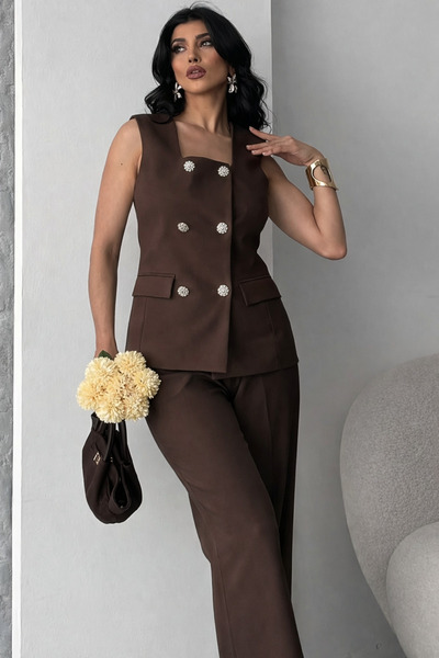 pembekurdelem Women's Square Collar Classic Vest Trousers Suit Brown