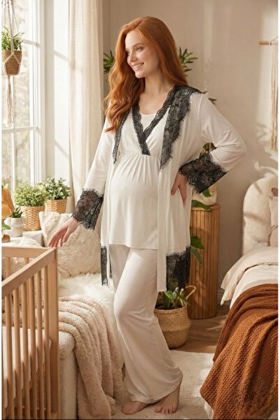 Lohusa Homewear New Season Ecru Maternity Elegant Lace Detailed 100% Cotton S...