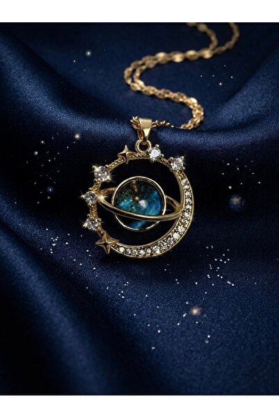 Meneva Aksesuar Sparkling Saturn Galaxy Design Gold Color Steel Necklace