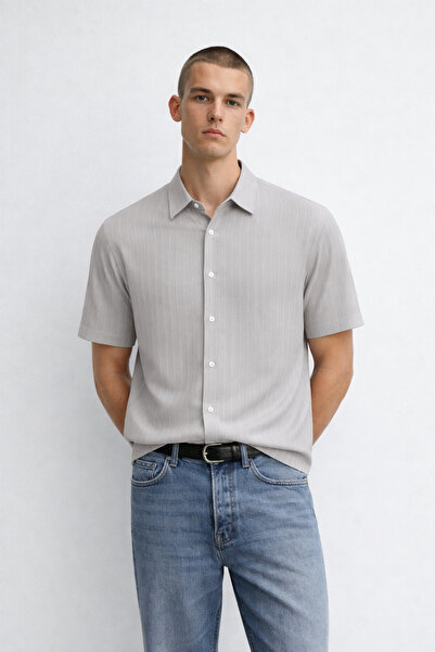 DAMGA JEANS Ανδρικό κοντομάνικο πουκάμισο Ριγέ σε γκρι καλοκαιρινό χρώμα