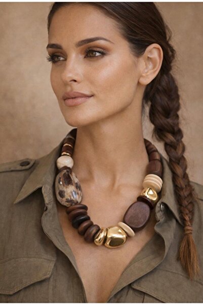 TAUPE Bijoux Lori Ahşap Boncuklu Leopar Detaylı Kolye