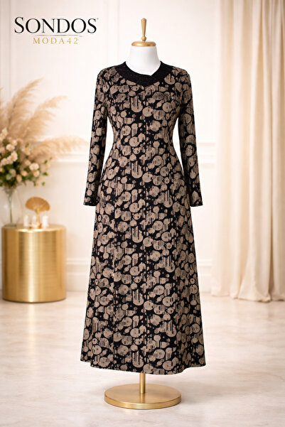 HESNA Women's Serap Large Size Patterned Quality Black Dress