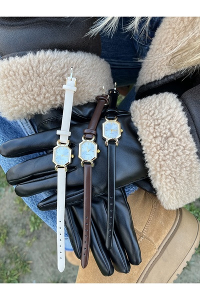 QUARTZ Odette Beyaz Kadran Gold Çerçeve Krem Bej Deri Kordon Çelik Kasa Kadın...