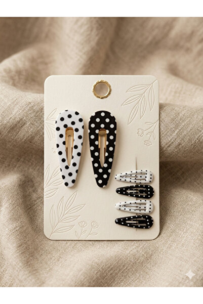 LİNACO Anne Kız Puantiyeli Saç Toka Seti Siyah Beyaz Polka Dot Klips Toka 6’lı