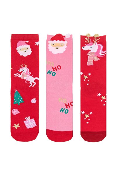 OEM Red Pink Christmas Socks with Patterned for Kids - 3 pairs 23-26