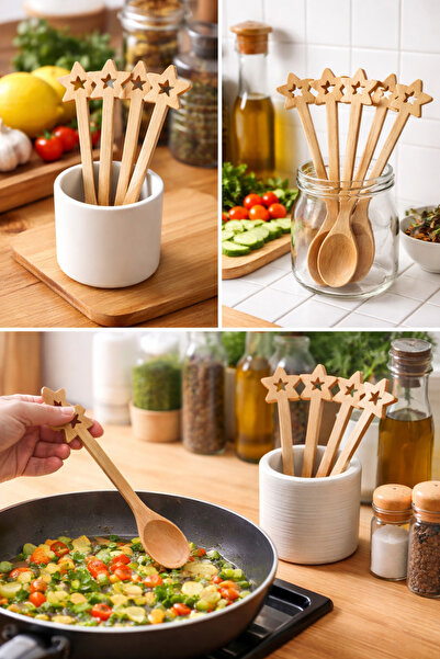 bahe home 6 Adet Bambu Baharat Kaşığı Yıldız Saplı Mini Ahşap Kaşık Kahve Tuz...