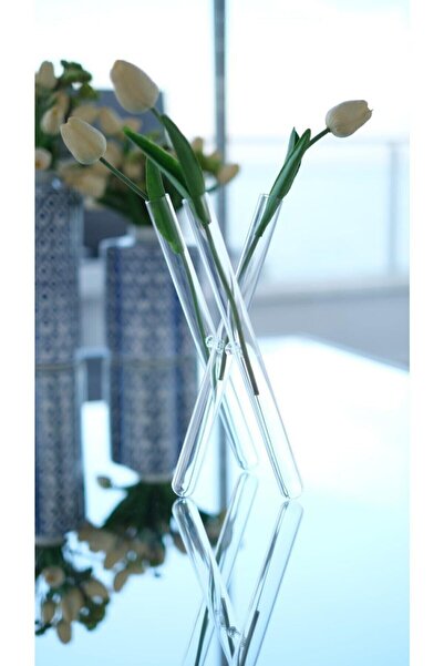 moontime alaçatı Şeffaf Cam Şamdan ve Çapraz Vazo Seti, Zarif Dekorasyon Parçası