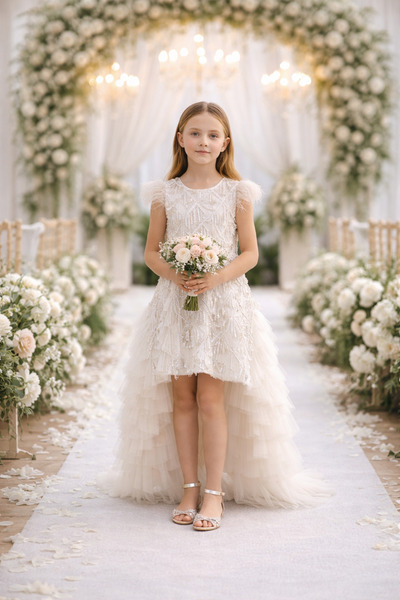 Lindissima Payetli Kız Çocuk Abiye Elbise, Çıkarılabilir Tül Kuyruklu Özel Gü...