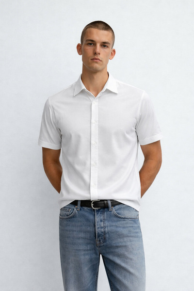 DAMGA JEANS Men's Short Sleeve Stretchy White Loose Shirt