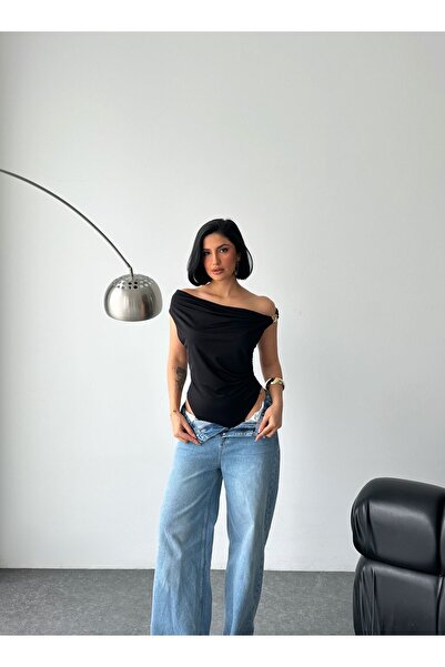 legends butik Body drapat cu capse pentru femei – Bluză asimetrică cu un sing...