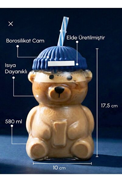 MİMOZA PARK Teddy Bear Star Cam Soğuk İçecek Bardağı Ayıcıklı Bardak 580 ML 1...