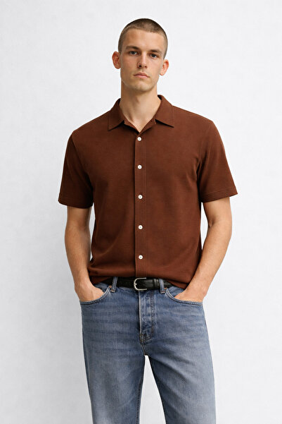 DAMGA JEANS Men's Short Sleeve Stretchy Brown Casual Shirt