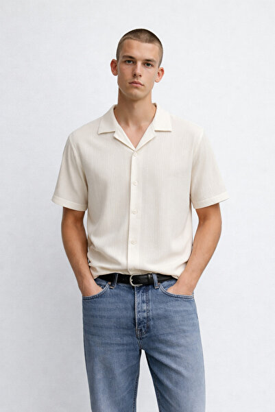 DAMGA JEANS Cămașă albă largă pentru bărbați, mărimea cu model elastic bumbac