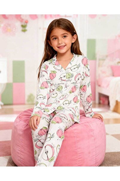 NiCe İç Giyim White Color Pink Green Apple Patterned Shirt Collar Buttoned Co...