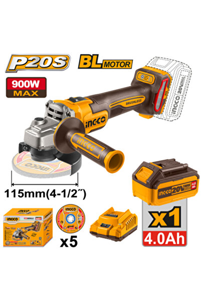 Ingco Cordless angle grinder 20V Brushless 115mm 4.5" 900w with battery 4.0AH...