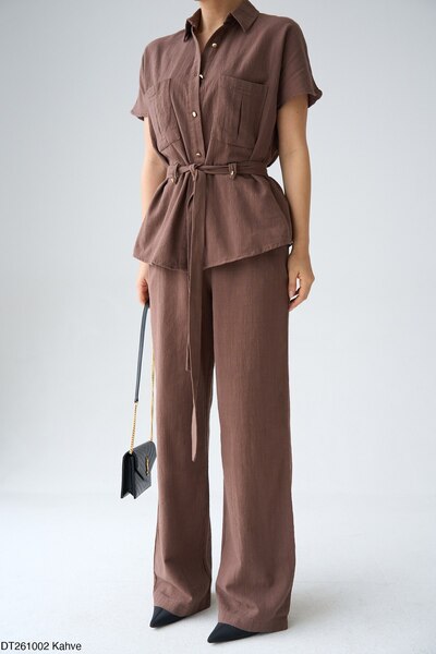 Miss Beyoğlu Women's Front Pocketed Belted Linen Set