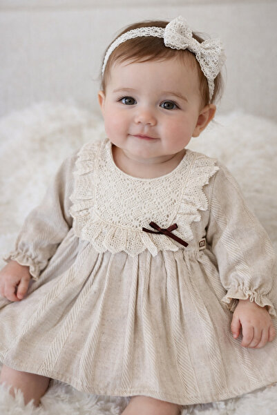 COCO KIDS KETEN KIZ BEBEK ELBİSE DANTEL İŞLEMELİ