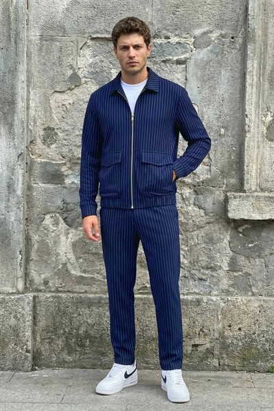 MADZEYMODA Men's Slim C Striped Navy Blue Bottom Top Set Modern Cut Jacket Tr...