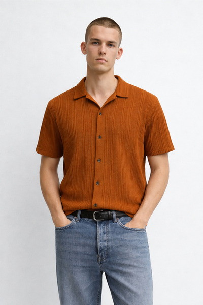 DAMGA JEANS Cămașă maro largă pentru bărbați, cu model elastic bumbac piese