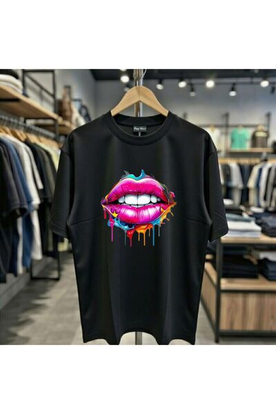 playwear Μπλουζάκι με στάμπα ροζ κραγιόν, 100% βαμβάκι, oversized, χαλαρή εφα...