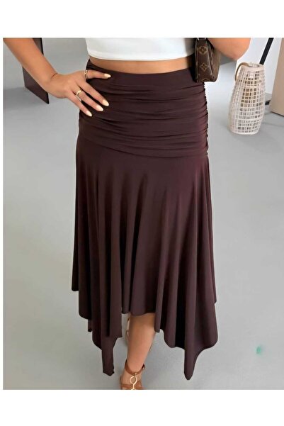 Candan Yeni Sezon Sandy Kumaş Kahverengi Renk Asimetrik Etek
