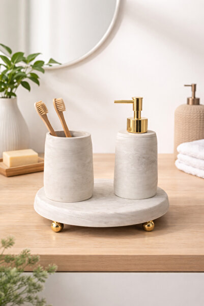 lufen deco Mermer Desenli Beton 3’lü Gold Ayaklı Banyo Wc Seti Sıvı Sabunluk ...