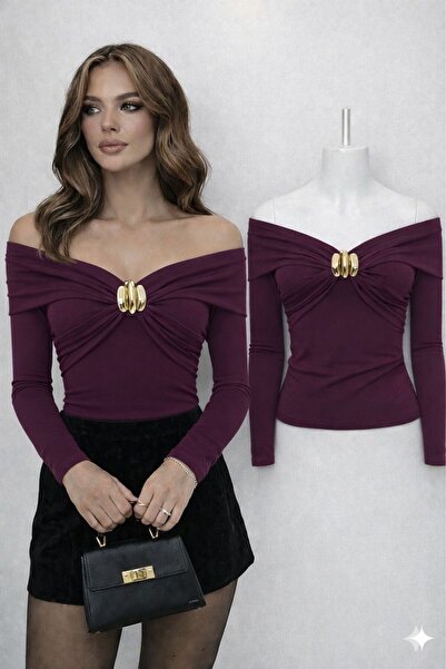 peri tower New Product Women's Gold Buckle Boat Neck Sandy Long Sleeve Blouse...