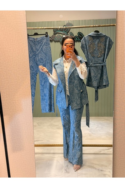 my312 Denim Patterned Double Set Y Vest and Pants