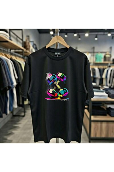 playwear Πολύχρωμο μπλουζάκι με στάμπα αλτήρων, 100% βαμβακερό, oversized, χα...