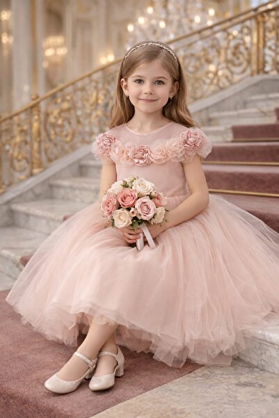 Tarz Çocuk Kız Çocuk Pudra Pembe Tül Prenses Abiye Elbise 4-8 Yaş – 3D Gül De...