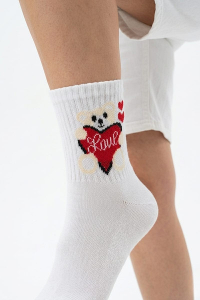 mrm pro Women's White Teddy Bear Heart Patterned Medium Size Socks Cotton Pac...