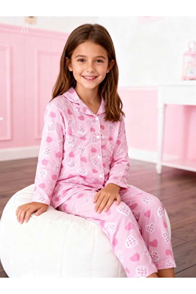 NiCe İç Giyim Pink Color Heart Patterned Soft Cotton Buttoned Girls' Pajama Set