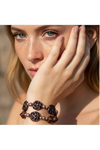 COCOSH TAKI Brown Antique Beaded Gold Detailed Double Stretchy Combination Br...