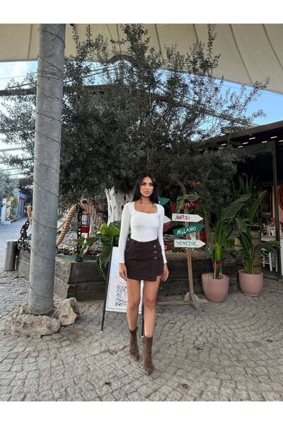 GAMZELİRENKLERİM Jeans Shorts Skirt High Waist Double Closure Asymmetric (Fro...