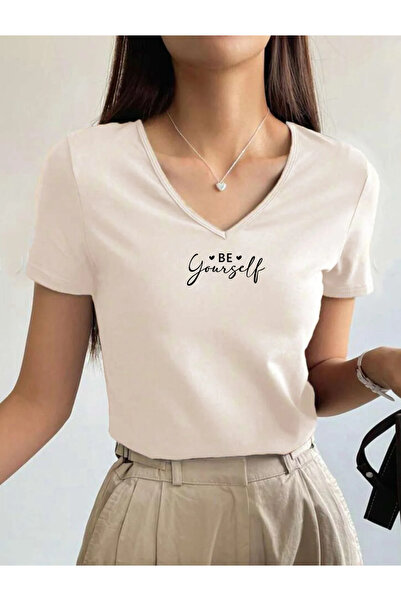 SUNFREE Slogan Be Yourself Printed V-Neck Basic Cotton Pack Women's Combed Co...