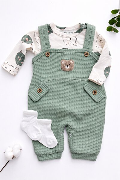 UmBaby Erkek Bebek Salopet Takım 3’lü Set – Ayıcık Desenli Tulum, Uzun Kollu ...