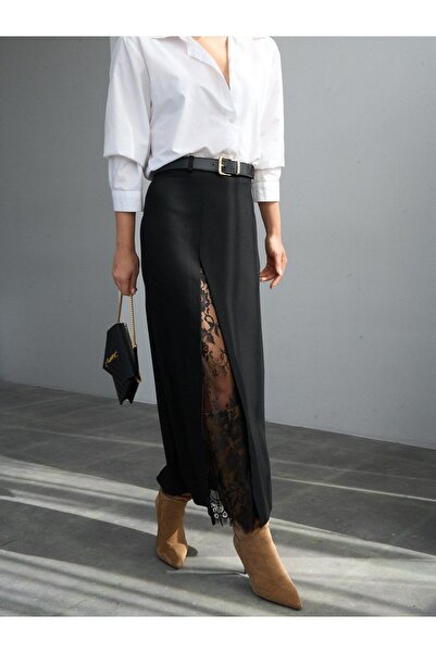 Betül Nayir Slit Lace Detailed Skirt Black